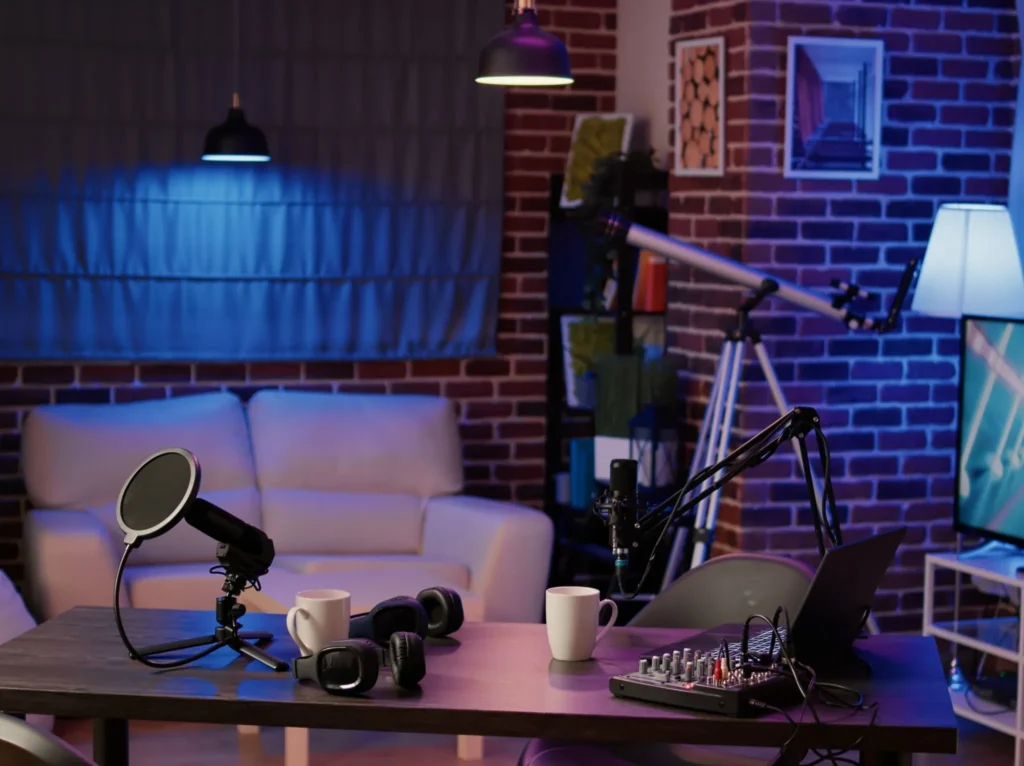 Montaje profesional de equipos técnicos de televisión en estudio.